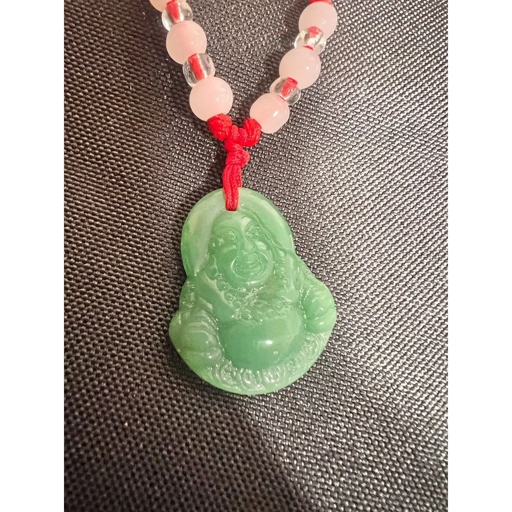 Green Buddha Pendant Necklace Red Cord Meditation Spiritual Jewelry Carved Adjst